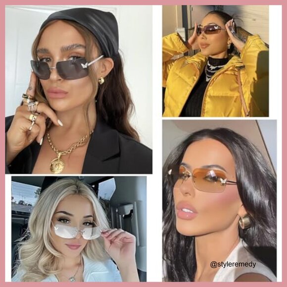 Metal Frameless Rectangular Sunglasses with UV400 Lenses Butterfly Decor main image 4